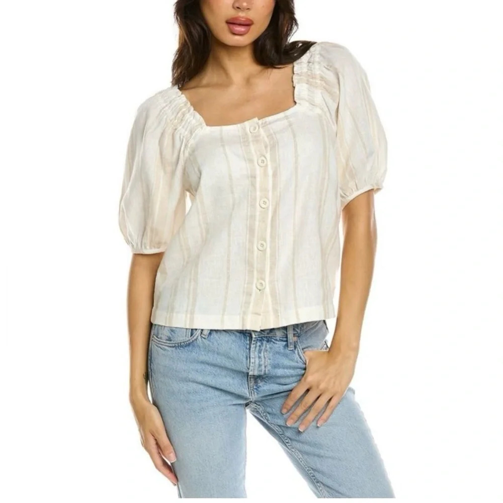 Madewell Women’s Addie Linen Button Down Casual Linen-Blend Top Creme Size S